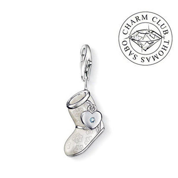 Thomas Sabo Charm Club DC0022 boot charm: white enamel boot with snowflake design, silver heart detail.
