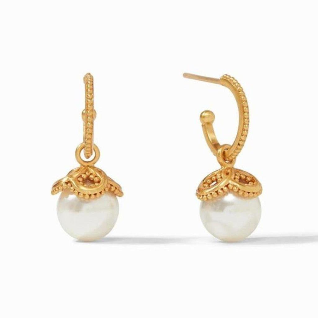 Chloe Pearl Hoop and Charm Earrings: Gold hoops with textured detailing, featuring a delicate charm and creamy pearl.

