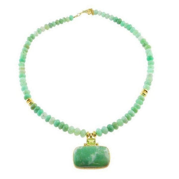 Green gemstone necklace with rectangular chrysoprase pendant.
