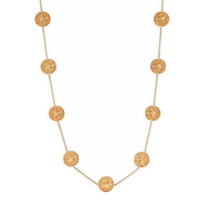 Gold Coin Demi Station Necklace featuring embossed coin charms.
