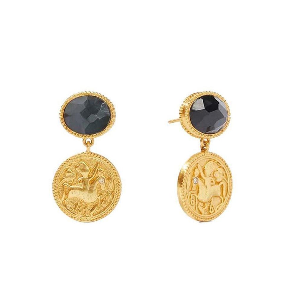 Gold Coin Midi Earrings with black gemstone accents
