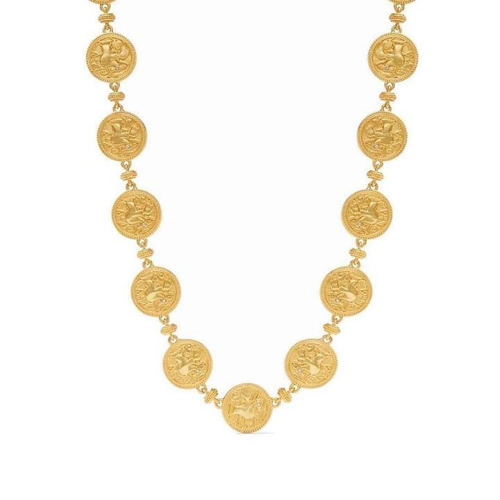 Gold coin necklace with embossed detailing and tiny diamonds.
