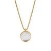 Gold rope chain necklace with reversible white mother-of-pearl coin pendant.
