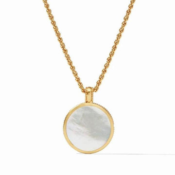 Gold necklace featuring a round mother-of-pearl pendant.
