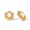 Colette gold statement stud earrings with textured flower design & pearl center.
