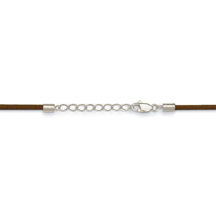 Brown leather cord necklace with silver clasp and metal end caps.
