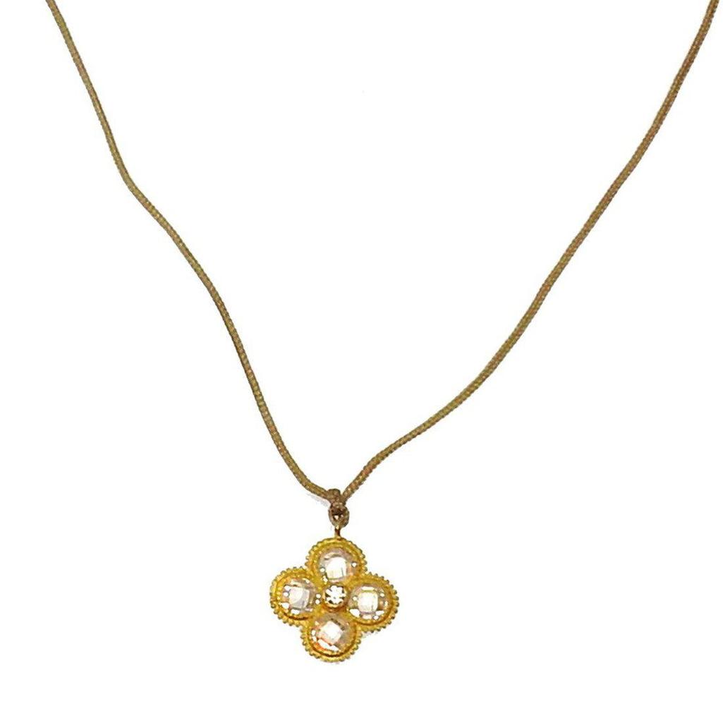 Gold Cord Crystal Flower Pendant necklace with clear crystal accents.
