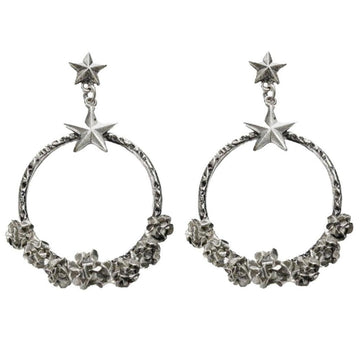 Coronation Circle Post Earrings: Silver hoop earrings adorned with textured floral details and dangling star charms.
