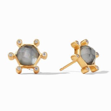 Gold stud earrings featuring a gray gemstone hexagon, accented with small clear stones.
