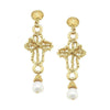 Gold cross chandelier dangle earrings with pearl accents.
