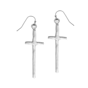 Silver cross dangle earrings with textured finish
