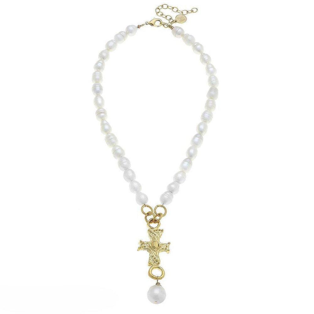 Cross Pendant Necklace on Pearls-Susan Shaw-Swag Designer Jewelry