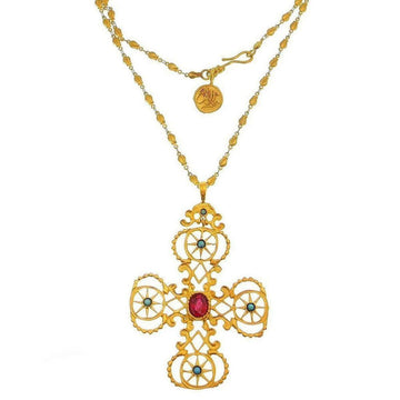 Gold Crown Cross necklace with red and blue gemstone accents
