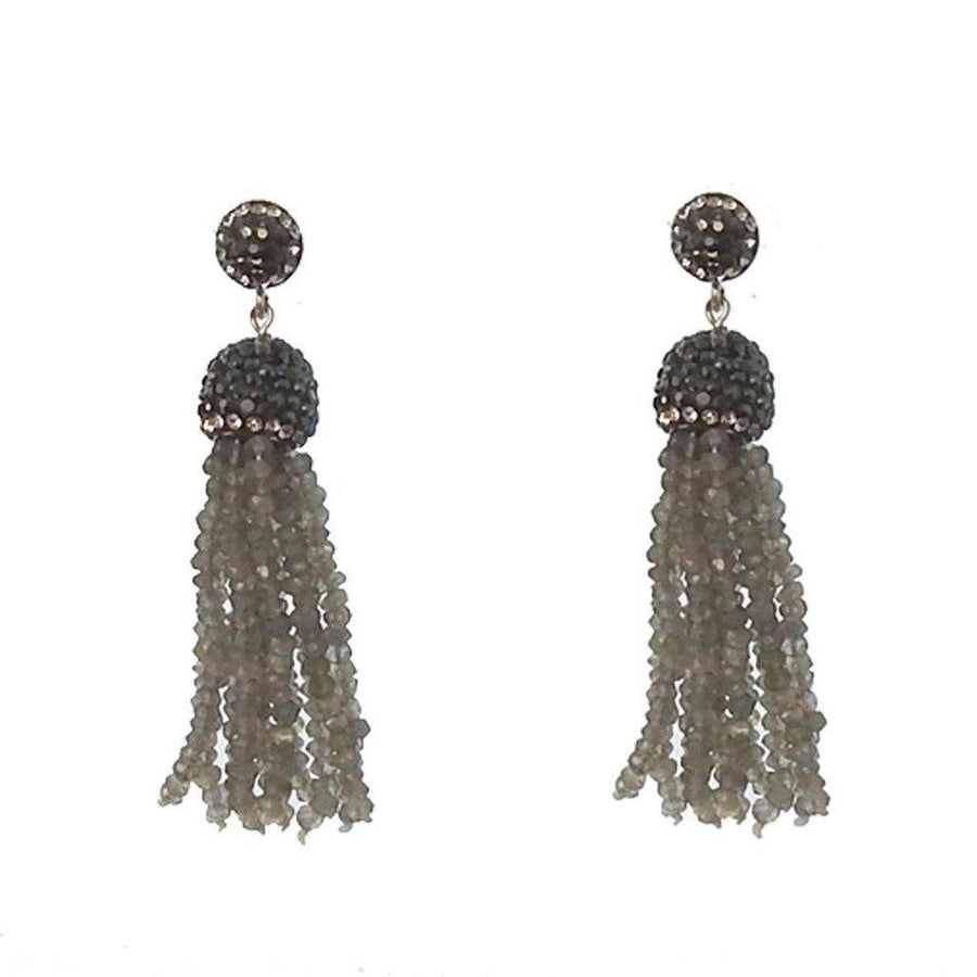 Crystal Labradorite Tassel Earrings with dark gray gemstone accents
