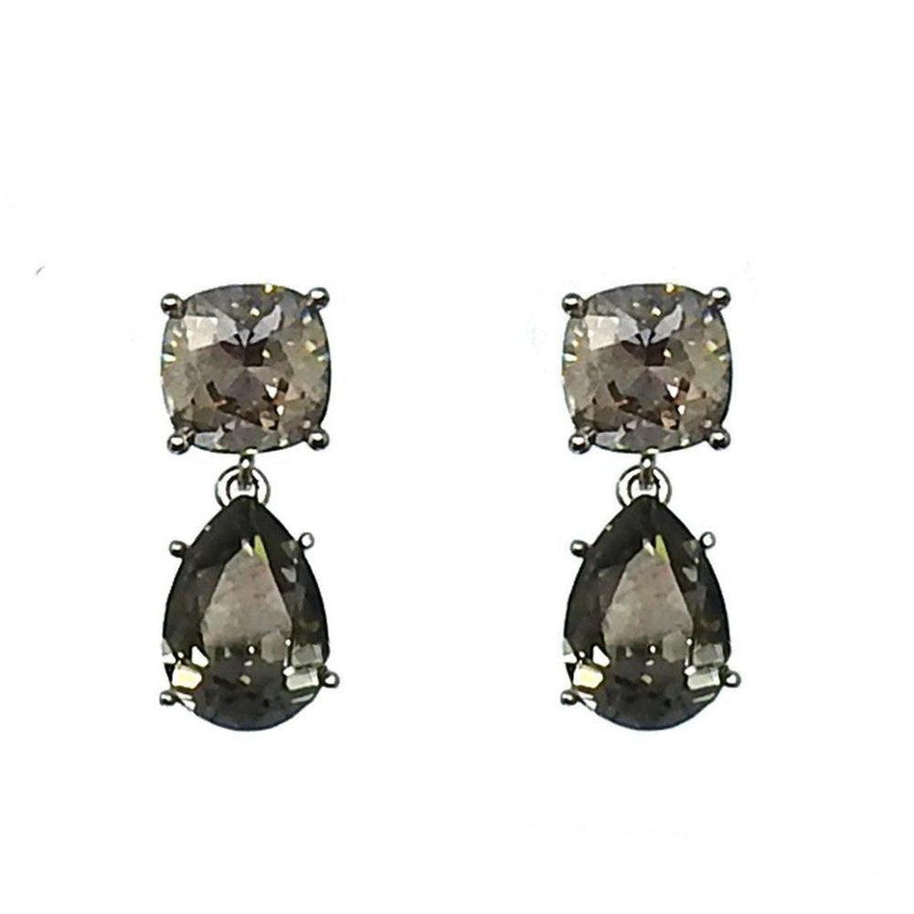 Smoky quartz & crystal tiered drop earrings; elegant, statement jewelry.
