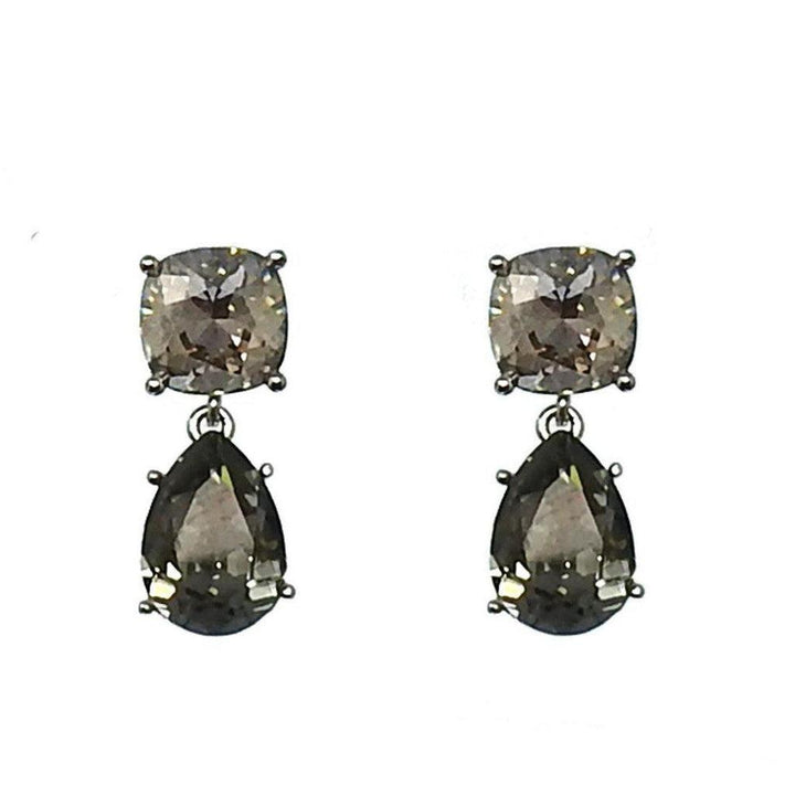 Smoky quartz & crystal tiered drop earrings; elegant, statement jewelry.

