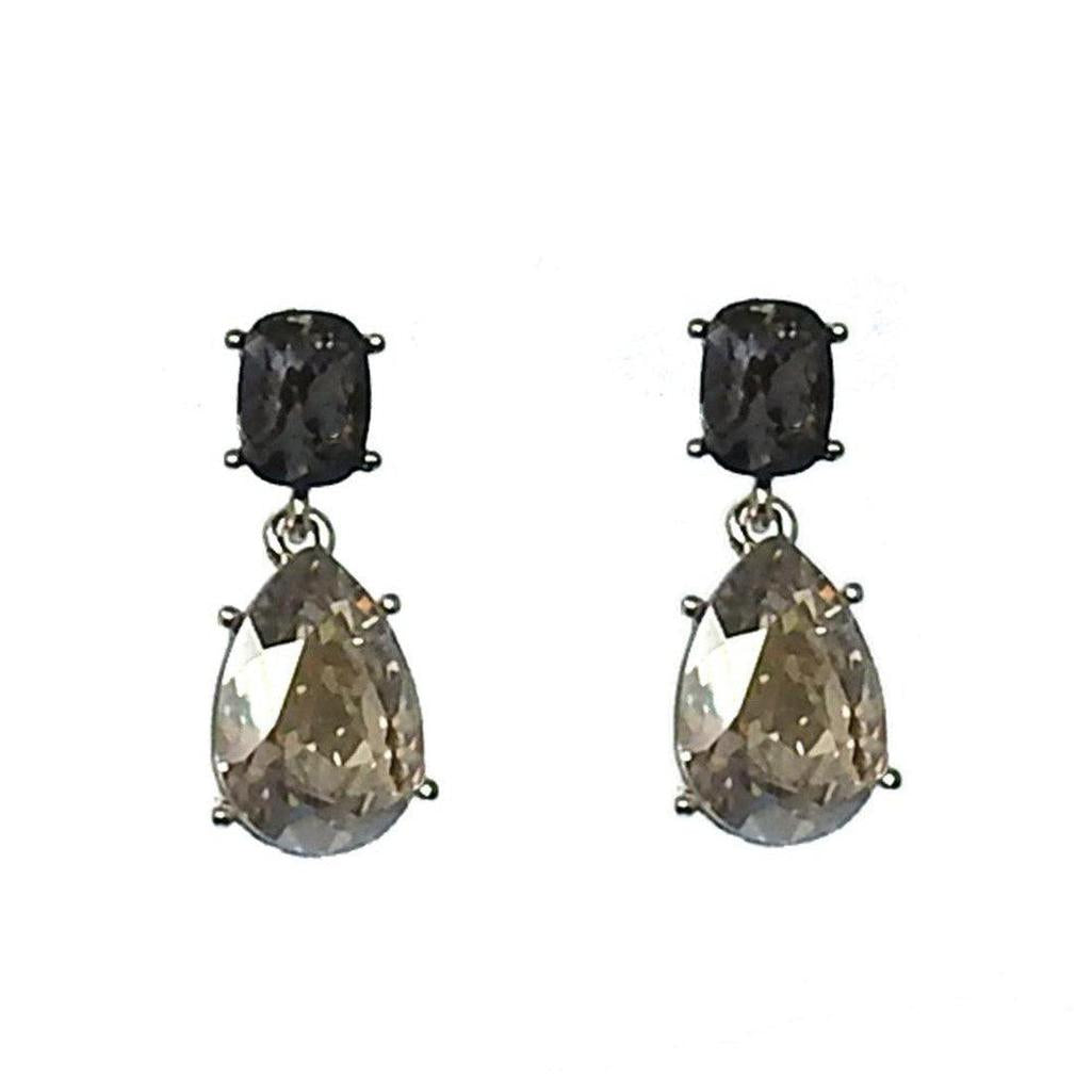 Crystal tier drop earrings with black and smoky gray crystals.
