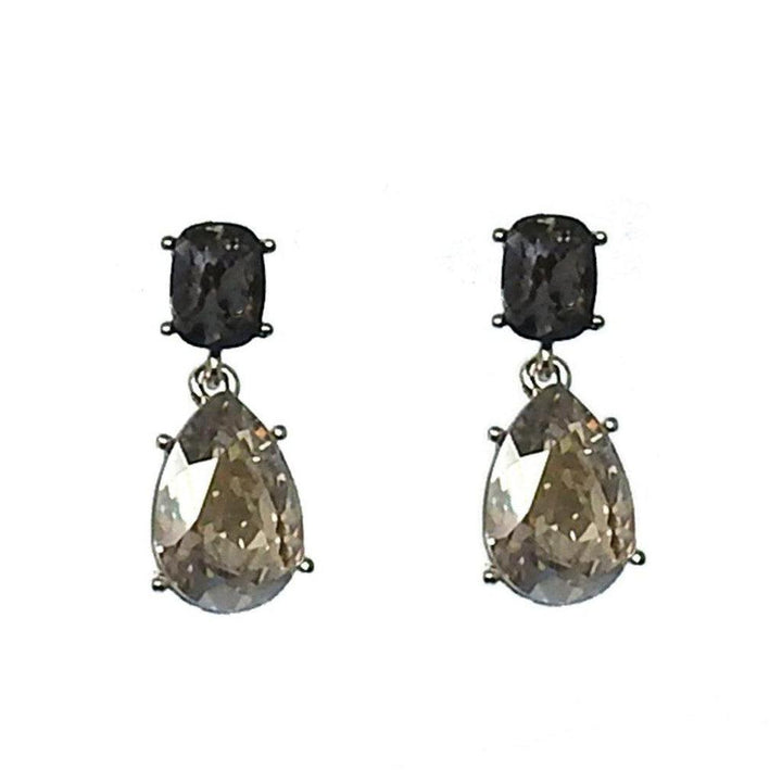 Crystal tier drop earrings with black and smoky gray crystals.
