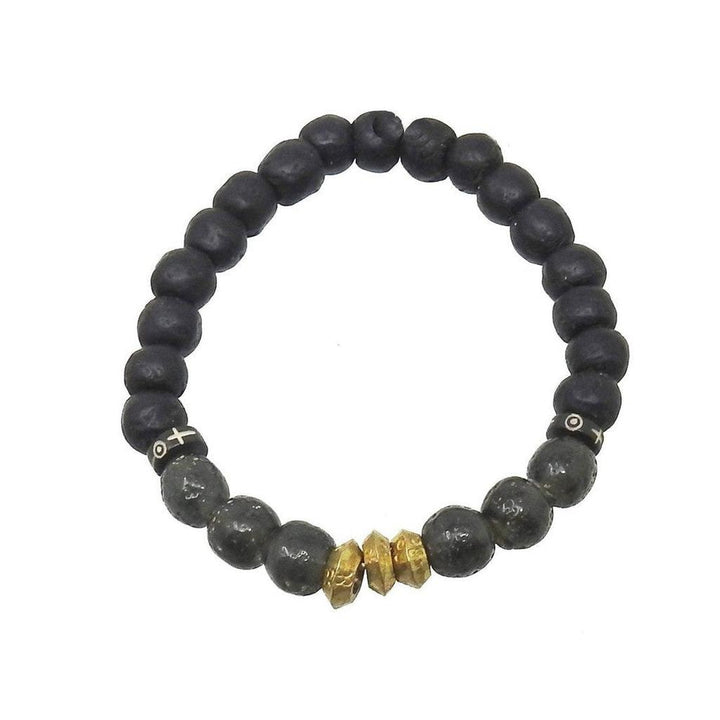 Black and gray beaded bracelet with gold accents.
