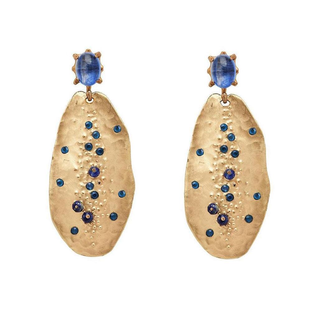 Gold Cypress Kyanite earrings with blue gemstone accents.
