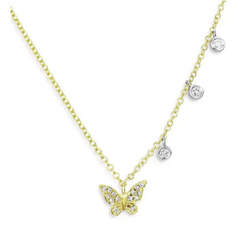 Dainty diamond butterfly necklace with three dangling diamond accents.
