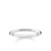 Silver diamond band ring with seven small diamonds.
