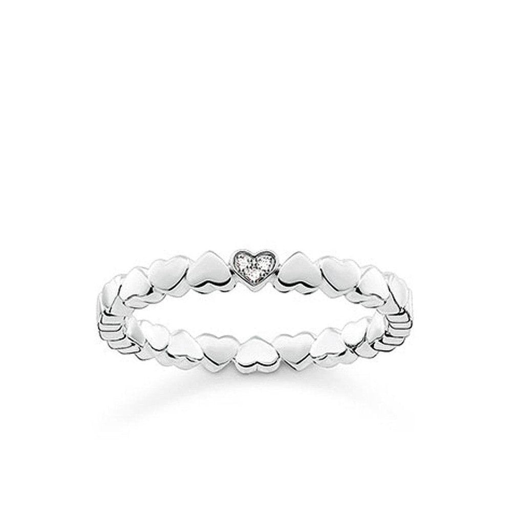 Diamond Hearts Band: Sterling silver ring with tiny hearts & a sparkling center diamond.
