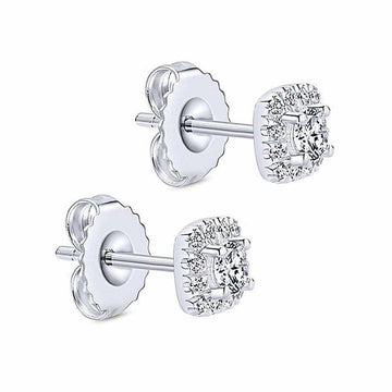 Square halo diamond stud earrings in white gold setting
