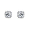 Diamond halo stud earrings with square-shaped settings.
