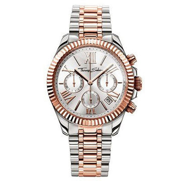 Thermo Sabo Divine Chrono watch; rose gold and silver-tone bracelet, silver dial with Roman numerals.
