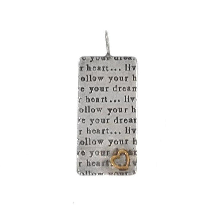 Silver rectangular pendant necklace featuring the inspirational phrase "Follow Your Heart" and a small gold heart charm.
