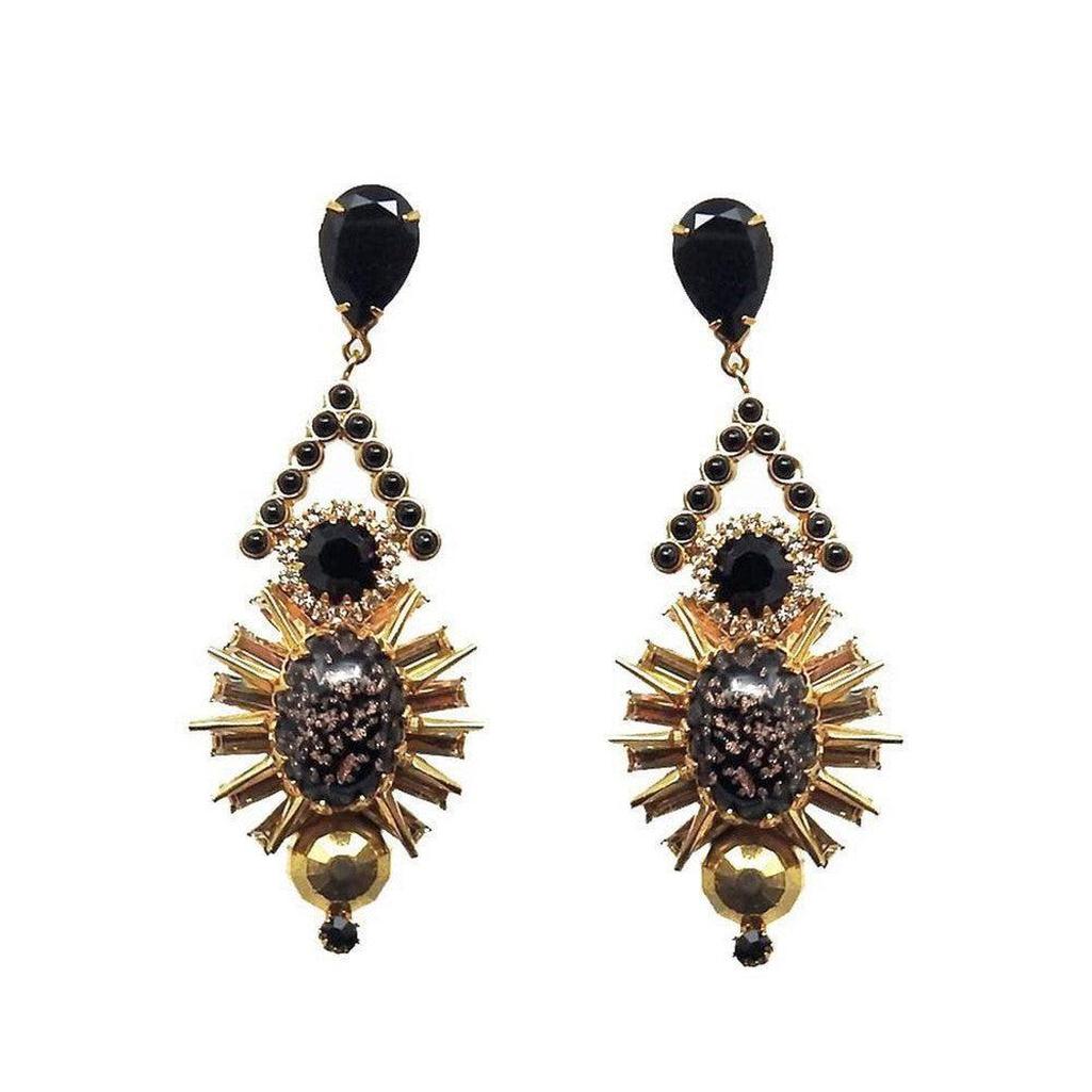 Dominique statement earrings: black & gold crystal, unique design.
