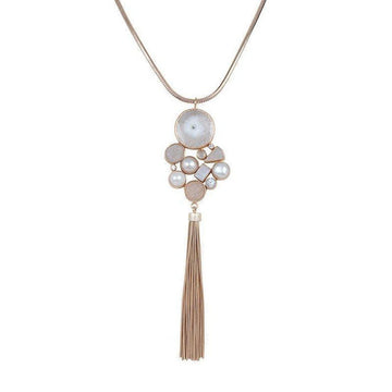 Elegant Druzy, Moonstone, & Pearl Tassel Necklace with rose gold chain
