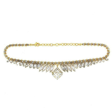 Gold Emira necklace with clear crystal marquise and square accents.
