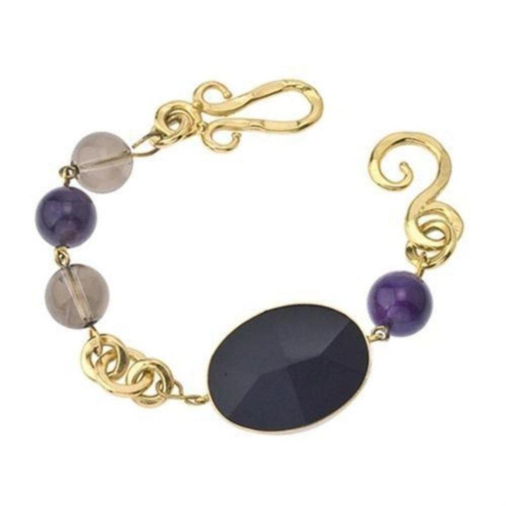 Empress Onyx bracelet extender with amethyst & smoky quartz beads, gold chain.
