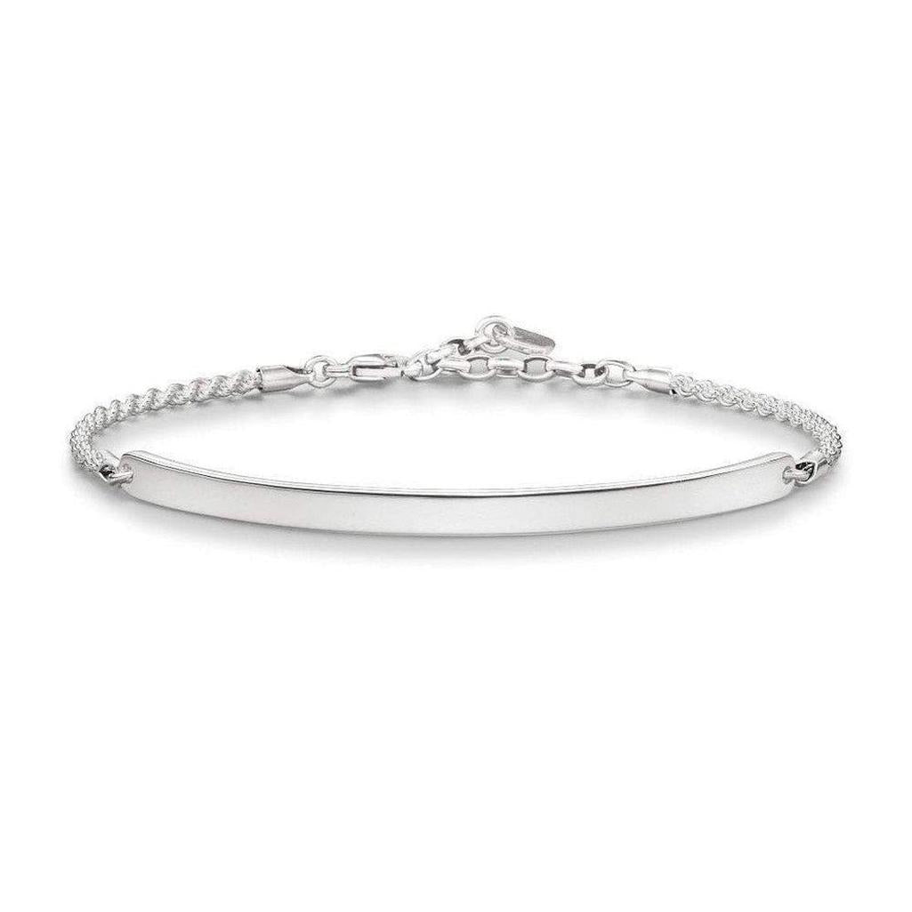 Engravable silver long bar bracelet with chain detail, perfect for personalization.
