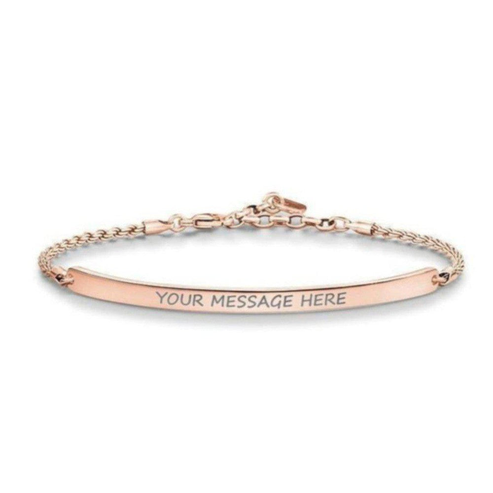 Engravable rose gold bracelet with personalized message bar
