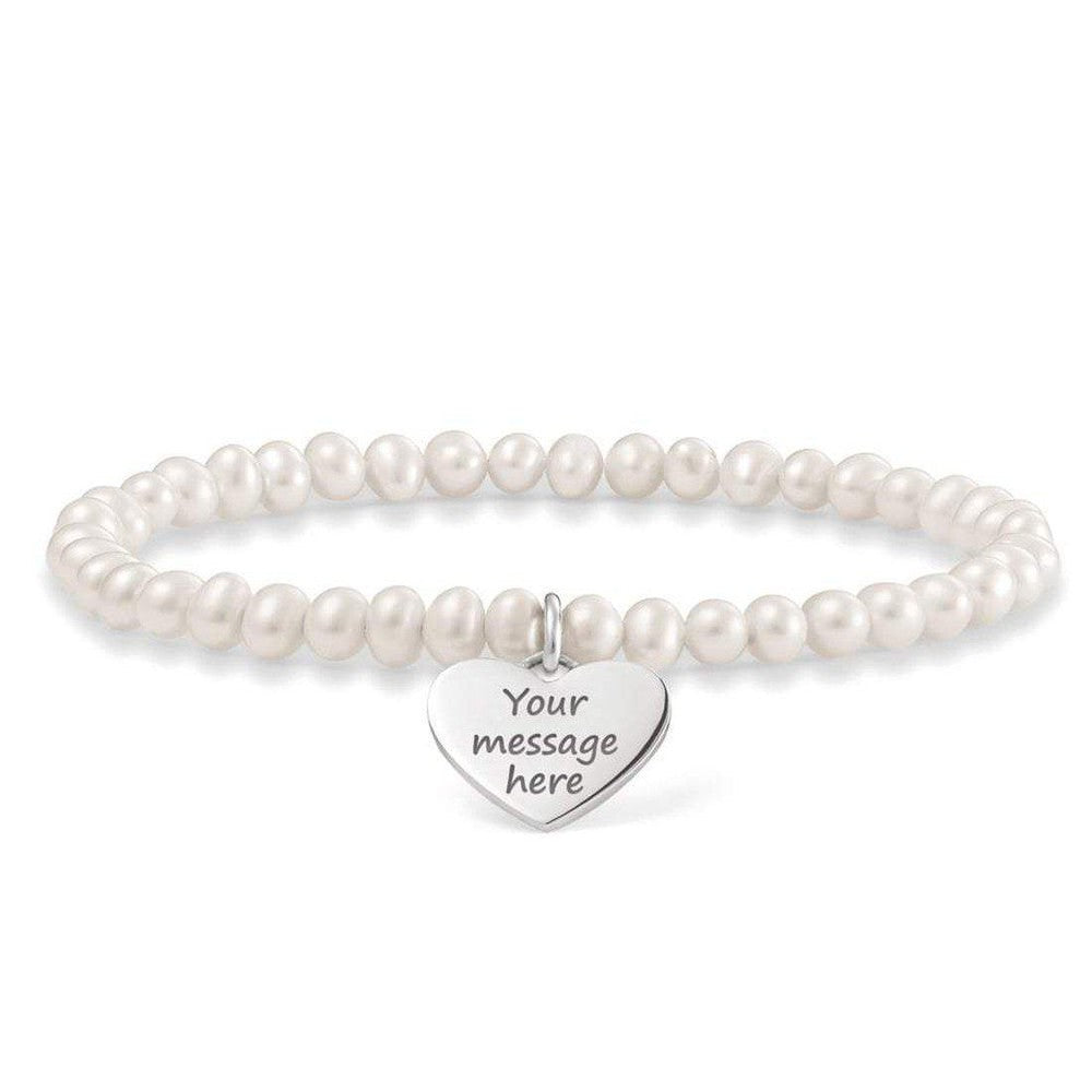Engravable pearl bracelet with heart charm, personalized message
