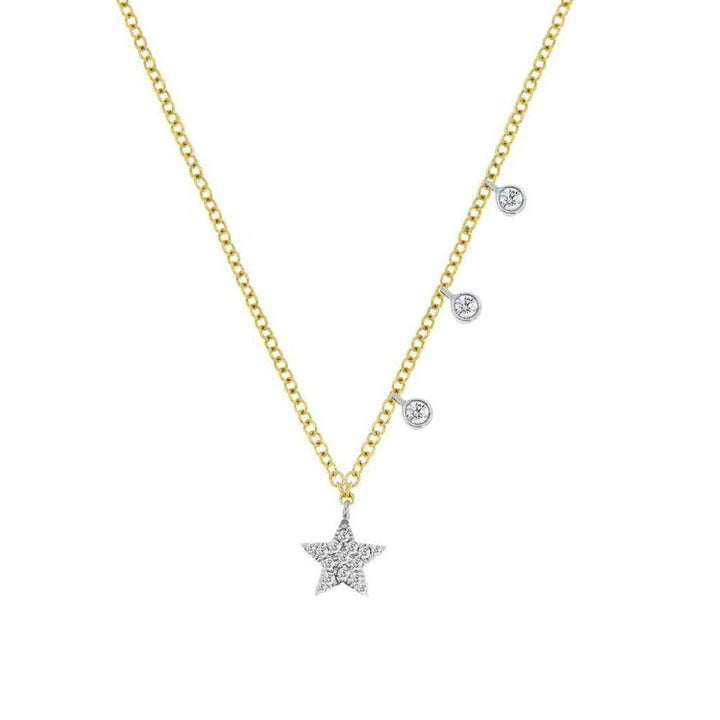 Yellow gold Essential Star necklace with diamond bezels and three diamond accents.
