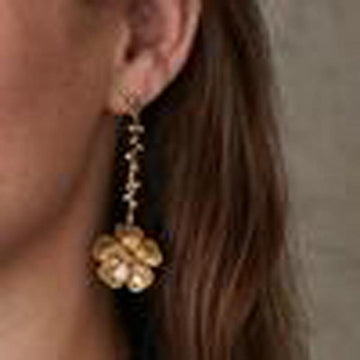 Gold cherry blossom drop earrings worn by a model.
