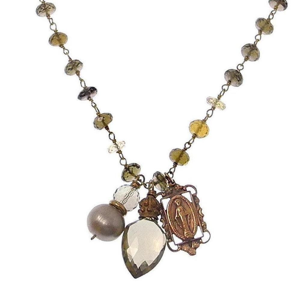 Faceted Quartz & Madonna necklace:  Olive & grey gemstone beads, antique bronze charms, & faceted quartz pendant.

