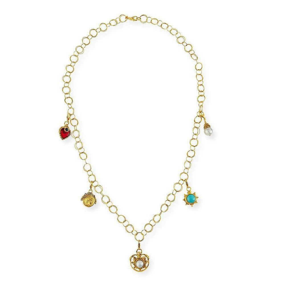Gold Five Multi Charm Link Necklace with red, turquoise, and pearl accents.
