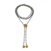 Flamenco Wrap necklace: Gray Labradorite gemstone & gold beaded lariat with antique coin accents.
