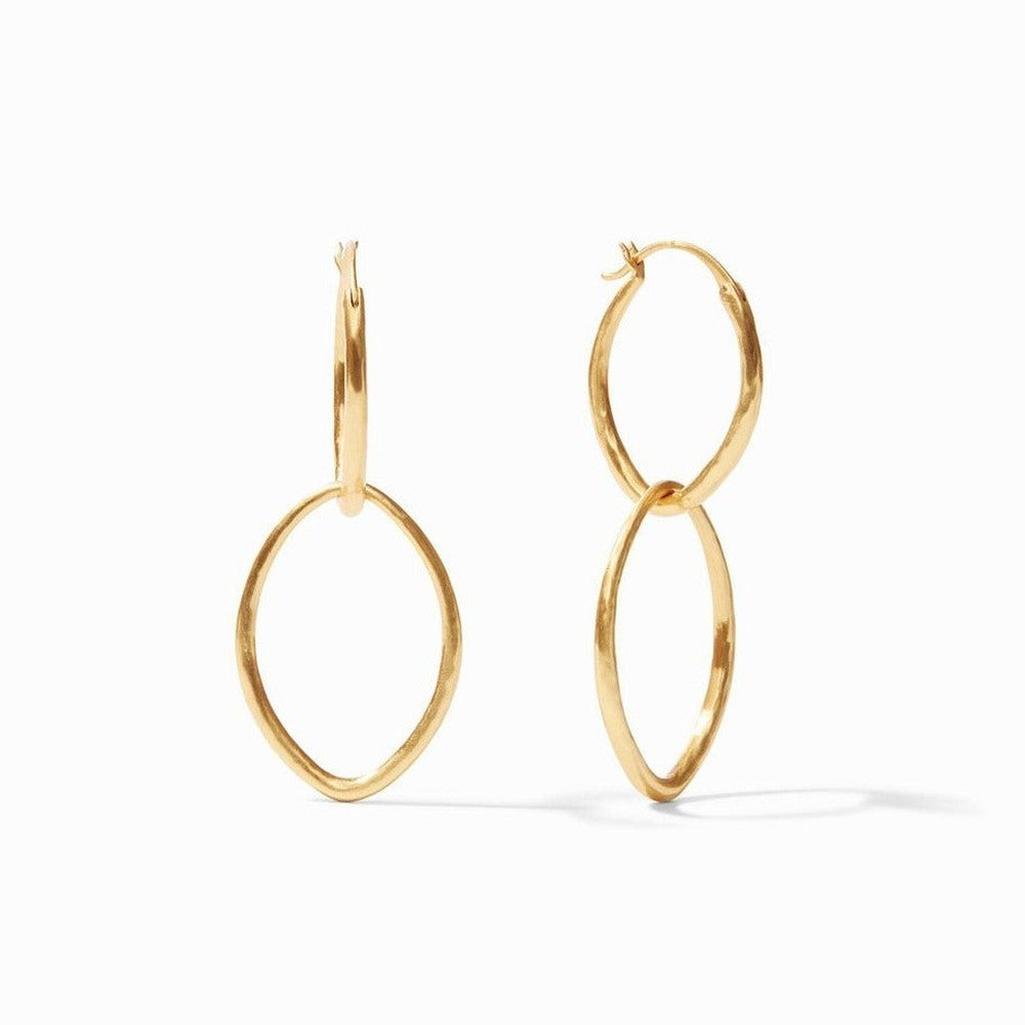 Gold Fleur De Lis double hoop earrings with hammered texture.
