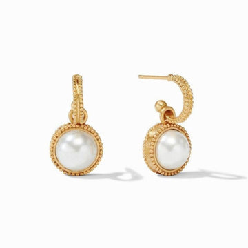 Gold hoop earrings with textured detailing and a dangling pearl charm.
