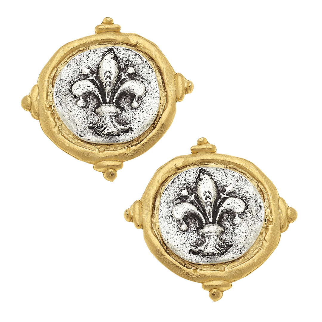 Fleur de Lis Intaglio stud earrings: silver fleur-de-lis accents on gold-tone settings.
