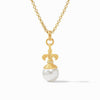 Gold Fleur-de-Lis pearl pendant necklace with shimmering accents.
