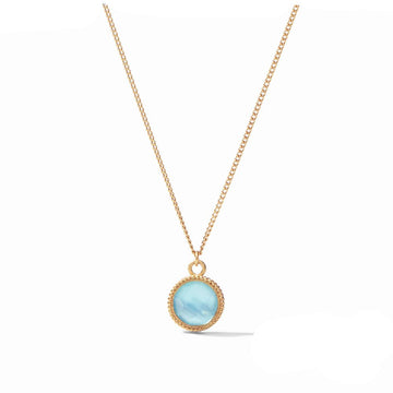 Gold chain necklace with light blue oval pendant
