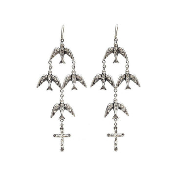 Flock of Aves earrings: Silver tone, crystal-accented birds & cross detail.
