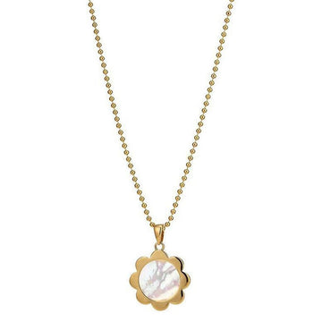 Gold ball chain necklace with a white flower pendant.
